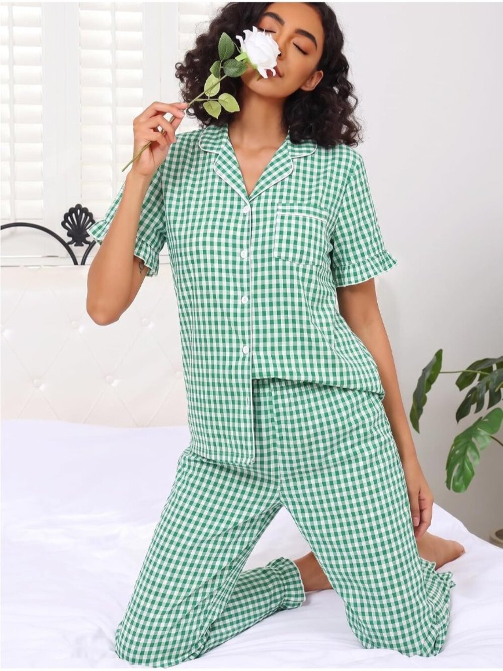 Women's Green Cotton Button Down Shirt Sleepwear 2 Piece Pajamas Set - Picture 3 of 7